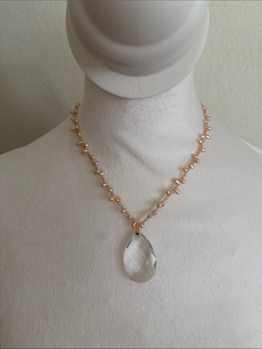 Rose Pearl Station Necklace with Clear Teardrop Pendant